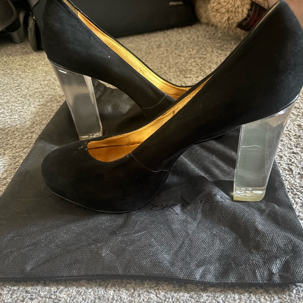 Report Signature Black suede with Clear Block Heel
